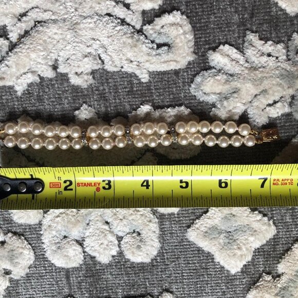Faux Pearl (Cream) & Rhinestone bracelet, Double strand, Length: appx 7-7.5" - Picture 4 of 4